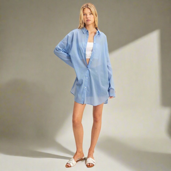 FABA Tops - BRAND NEW- Cotton Voile Button Down Tunic Shirt - Light Blue